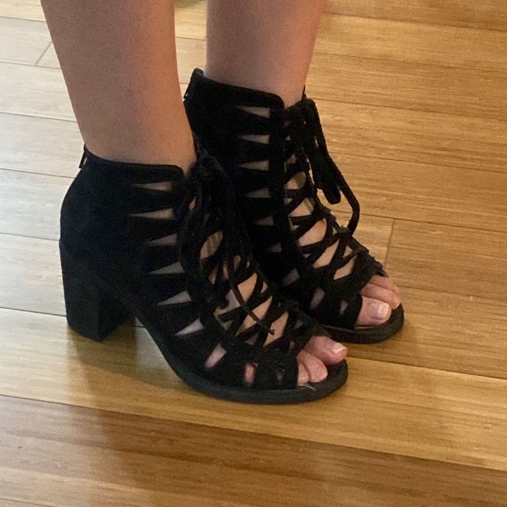 Jeffrey Campbell Corwin black suede zip up heeled sandals